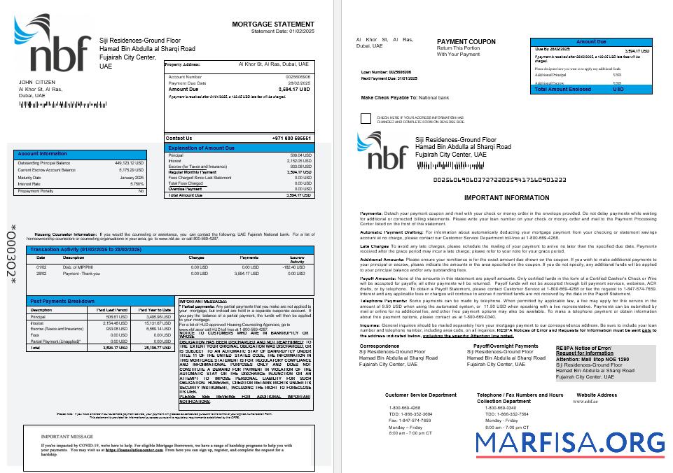 Blank UAE Fujeirah National bank mortgage statement in Word and PDF formats 1 2 download for verification
